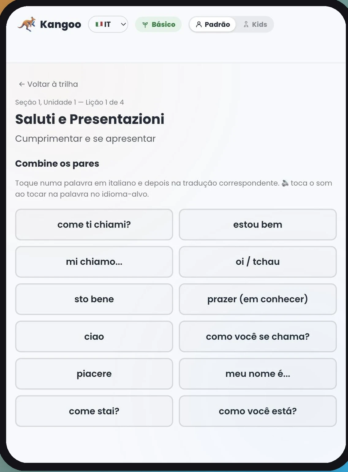 Tela de lição com exercício de resposta ativa